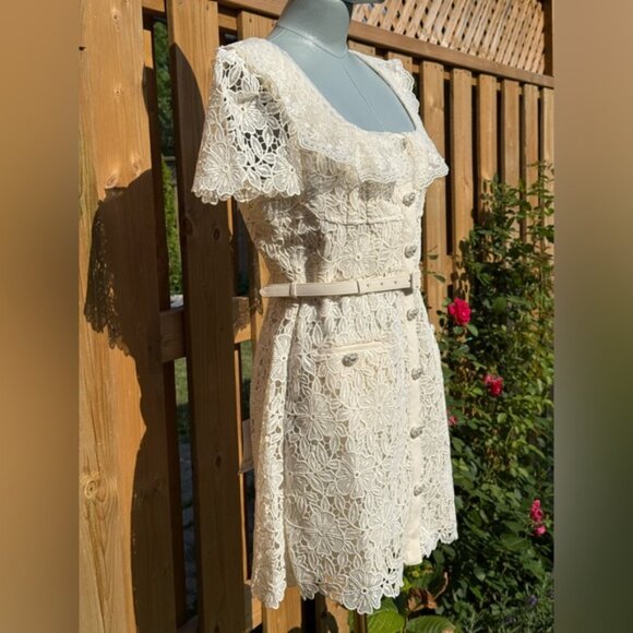 🆕 SELF-PORTRAIT 🧿 NWT Cream Guipure Lace Belted Mini Dress, Sz UK 12 US 8 - Picture 5 of 16